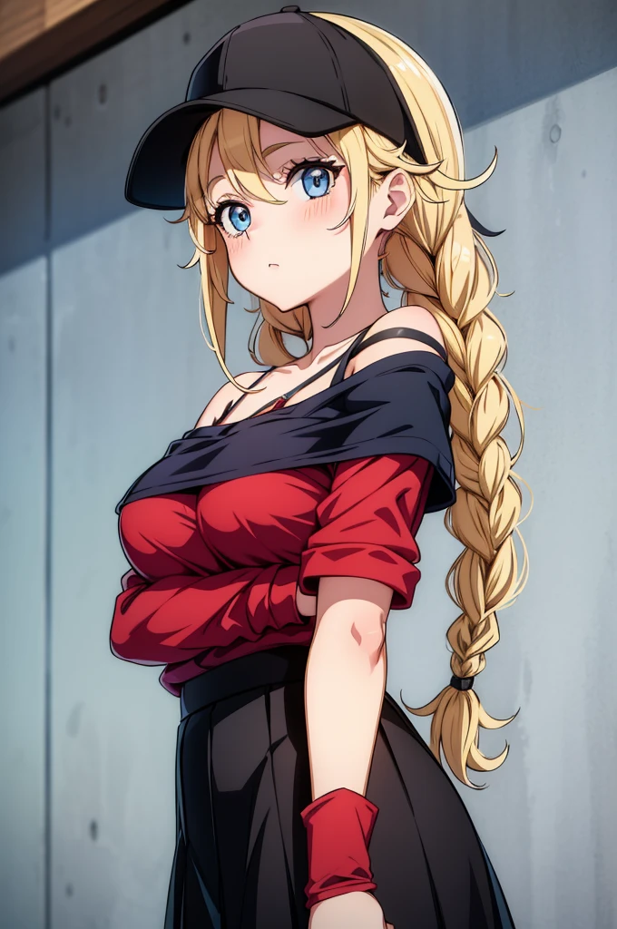 a drawing of a female cartoon character posing with a baseball cap on, 1girl, breasts, solo, hat, blue eyes, blonde hair, skirt, braid, looking at viewer, black skirt, black headwear, twin braids, red shirt, collarbone, baseball cap, blush, bare shoulders, shirt, off shoulder, cleavage