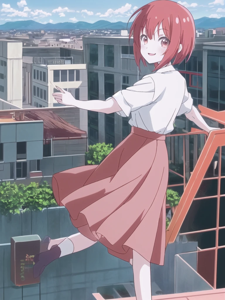 Naughty woman, , Wearing a uniform, Light pink skirt, Long skirt, Wear a shirt, close, anime, anime movie, Twinkle smile, Pale pink eyes, red bob hair,building,rooftop,Big Jump