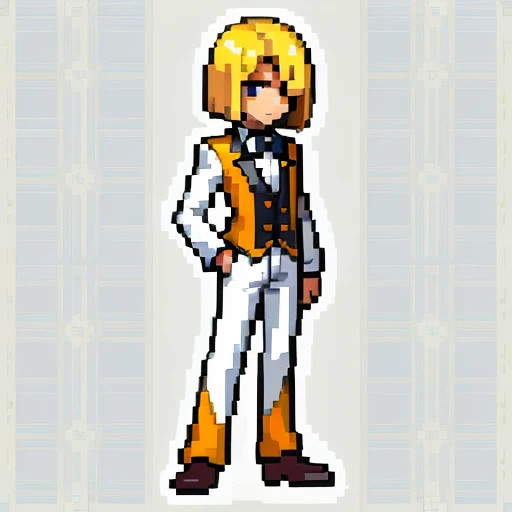 Pixel art, full body, facing left (important), alone, standing upright, long sleeve tuxedo with open front, boots. Hair color: Light medium blonde bob with parted bangs. He has several cards in his hand. Clothes: He wears an orange long-sleeved tuxedo with an open front and a yellow vest underneath. Trousers: white pants. Shoes: Yellow boots.