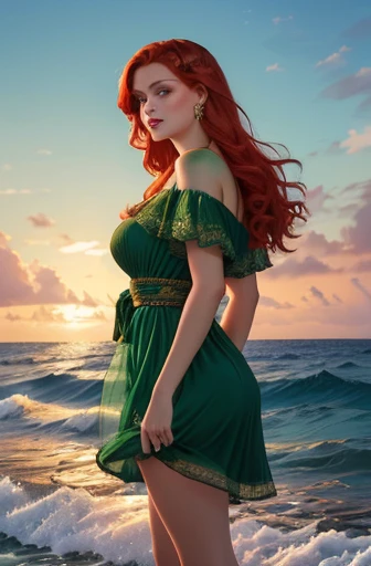 redhead woman in green dress standing in the ocean, deusa ruiva, com cabelos ruivos e olhos verdes, com cabelo ruivo cacheado, linda arte digital, beautiful digital illustration, bela arte de fantasia, linda arte digital, Magali Villeneuve', DeviantArt Artstation CGScosiety, Graphic artist Magali Villeneuve, inspirado em Magali Villeneuve, inspirado em Cynthia Sheppard