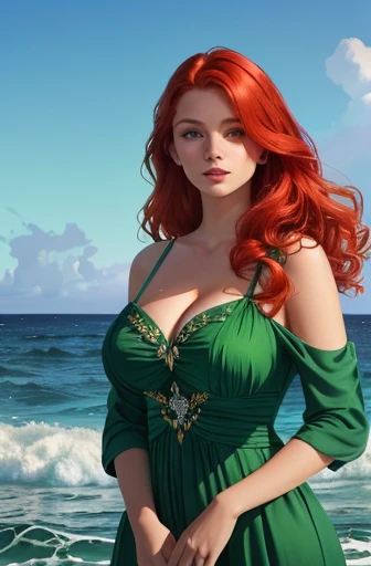 redhead woman in green dress standing in the ocean, deusa ruiva, com cabelos ruivos e olhos verdes, com cabelo ruivo cacheado, linda arte digital, beautiful digital illustration, bela arte de fantasia, linda arte digital, Magali Villeneuve', DeviantArt Artstation CGScosiety, Graphic artist Magali Villeneuve, inspirado em Magali Villeneuve, inspirado em Cynthia Sheppard