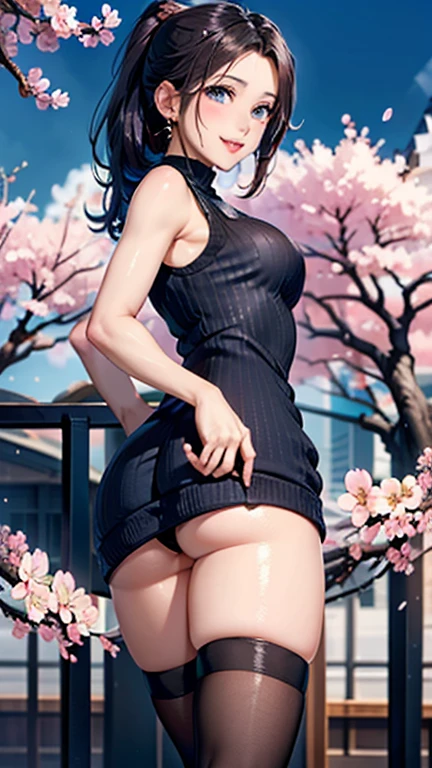 (((UHD)), ((highest quality)), ((masterpiece)), (Very detailed), (High resolution), (Beautiful detailed sparkle), (High detail), (Anatomically correct)), ((Realistic)), ((The best CG)), Ultra-detailed art, CG illustration, 8k, 1080P, Photorealistic:1.37, Anime 2D Rendering,
(((One Woman))),
(Symmetrical facial features:1.4, Perfect Face), Beautiful clavicle, (Beautiful fingers), (((Beautiful , Small breastseautiful body, Beautiful thighs, Beautiful feet, Perfect round butt, (((Detaiskin, Oily skin, Textured skin, Beautiful white skin:1.4))),
(((Baby Face, cute, 20-year-old))),
(Droopy eyes, Expression of fine eyes, Beautiful and delicate eyes, Sparkling eyes, Eye Reflexes, Dark blue eyes),
(Beautiful Nose,Thin Nose),
(Smaller mouth, Glossy Lips, Beautiful Lips, thick lips),
(Beautiful Hair, Shiny Hair, Shiny Hair), Hair fluttering, (Black Hair, Forehead,ponytail:1.4),
((Blue sleeveless high neck sweater dress:1.4)、See-through blaantyhose:1.4、High heeEarrings、
BREAK
(laughing、smile),
BREAK
(night、(Cherry blossom trees:1.4)), ((Character Focus、Full Body Shot、full body、look back))