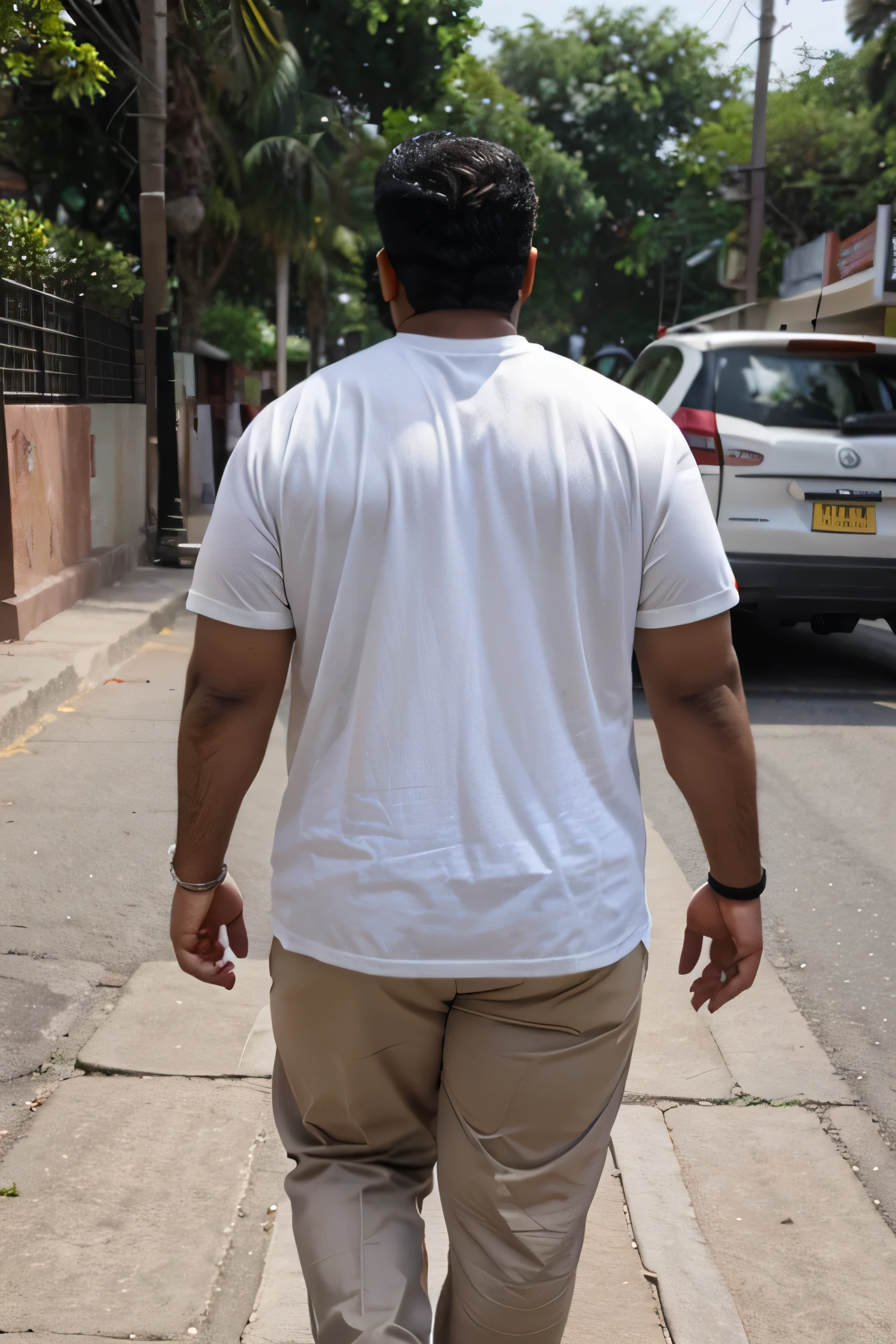 fat indian guy wearing a white tshirt walking point of view from behind