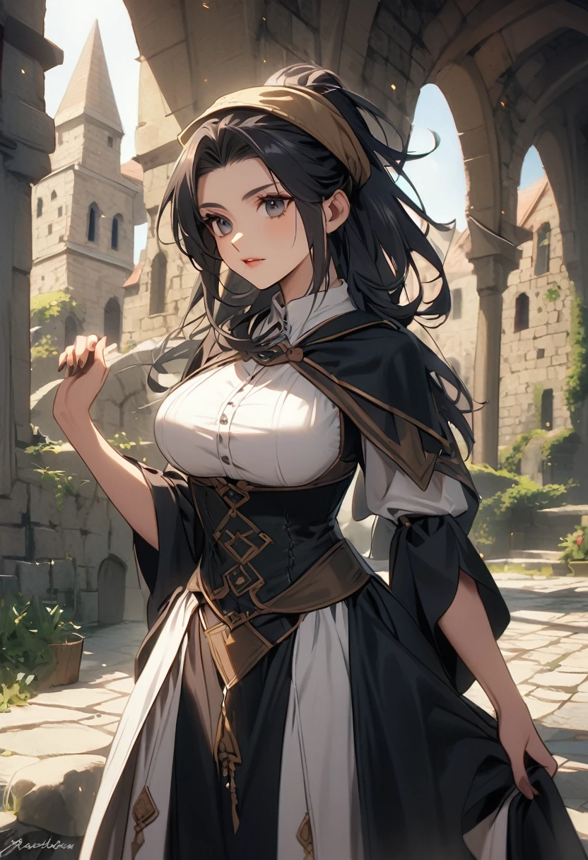 Human girl magician, 25 years old, Mediterranean features, long black hair, busty, medieval fantasy setting