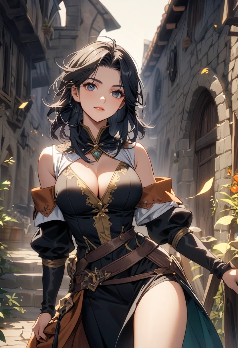 Human girl magician, 25 years old, Mediterranean features, long black hair, busty, medieval fantasy setting