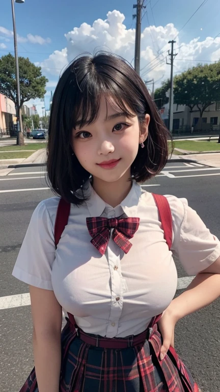little young girl.................,, in front of the school、Connect to skirt with suspenders、waistband of skirt is at the point above chest , red knot , red bow , skirt dark red , plaid skirt , pleated skirt , Tight shirt ,, nice and cute, Innocent smile, , Lovely smile, sakimichan HDRI、 big 、(Beauty Big 1:2) 、 with short bob、Pose cutely , 8 year old , big breasts