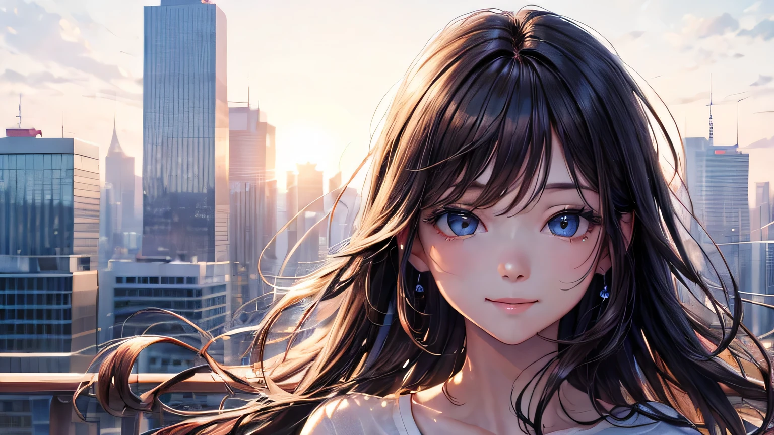 ((masterpiece, highest quality, Ultra Clear, High resolution)), woman,smile, A thin white T-shirt,Summer morning cityscape theme,Summer early morning cityscape,Detailed facial expression depiction、Detailed hair depiction、Detailed eye depiction、