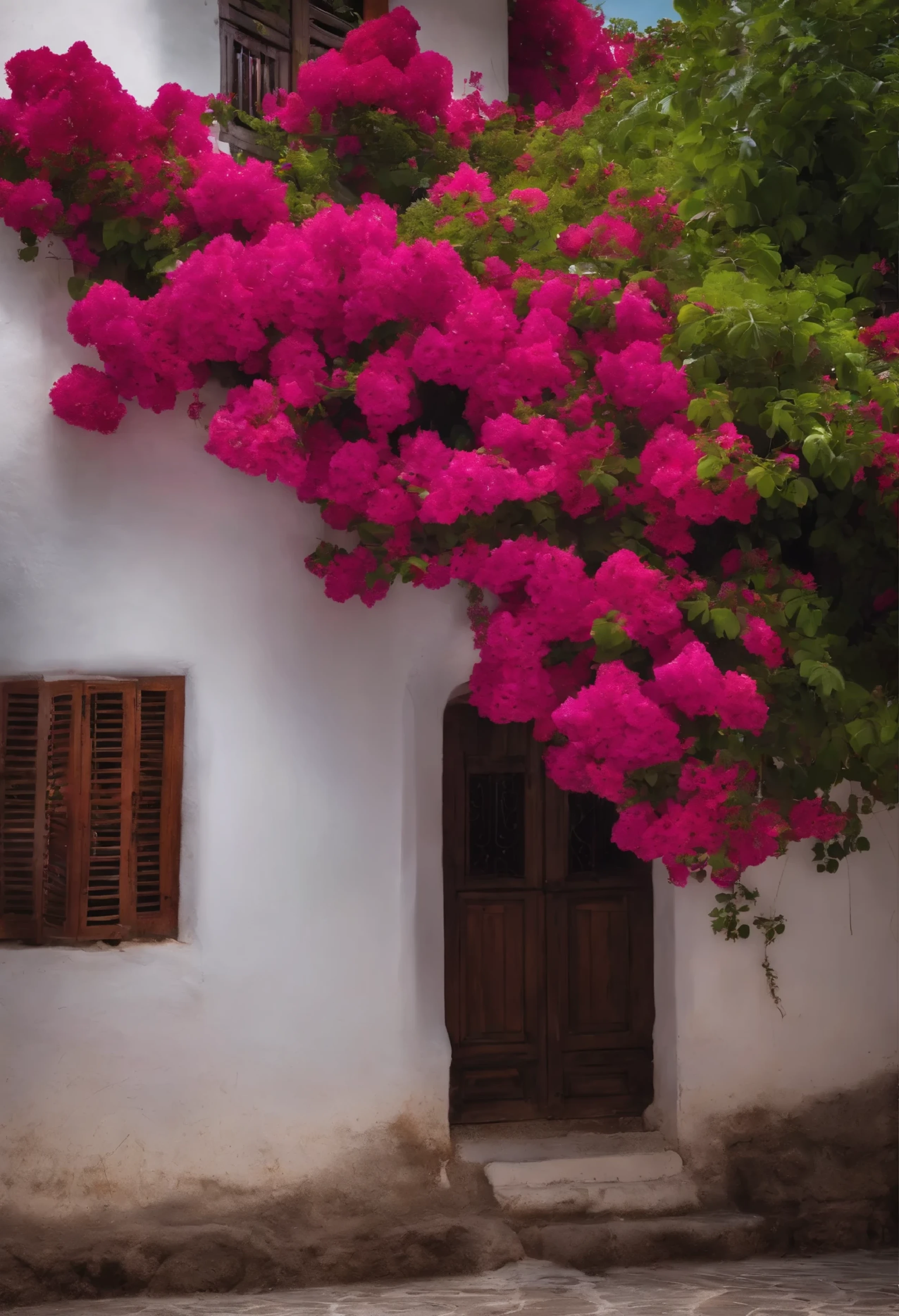 A lot of Bougainville grown in the white old wall in a road