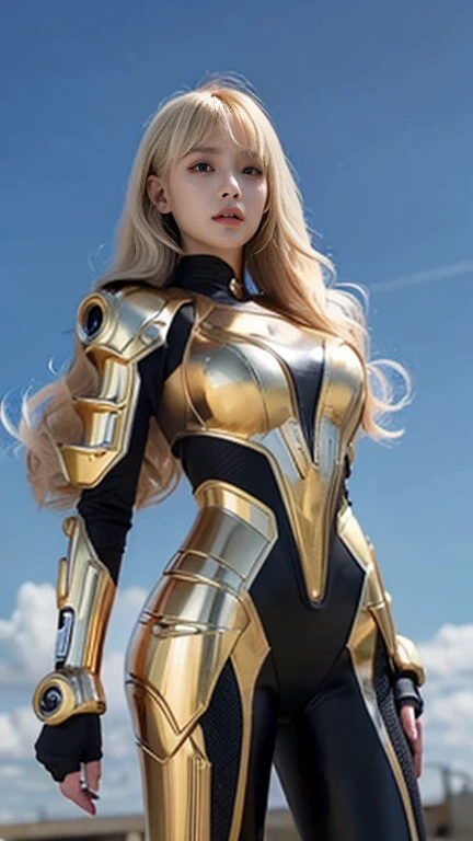 Busty women,Blunt bangs,Thighs,Blonde Hair,Volumie,Wavy long hair,Woman in a mechanical suit,ponie tail ,