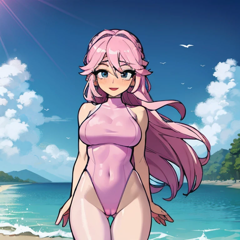 (masterpiece, best quality:1.2), cowboy shot, (solo), (1girl):1.5, glasses, long fluffy pink hair, hair blowing, gorgeous body, wide hips, slight smile, ((very sexy and transparent (blue leotard)) with exposed navel), musculous belly, gorgeous huge breasts, ((pink breasts niples) under very transparent blue leotard), (cameltoe), in front a waterfall in a windy beach, view form sea to beach.