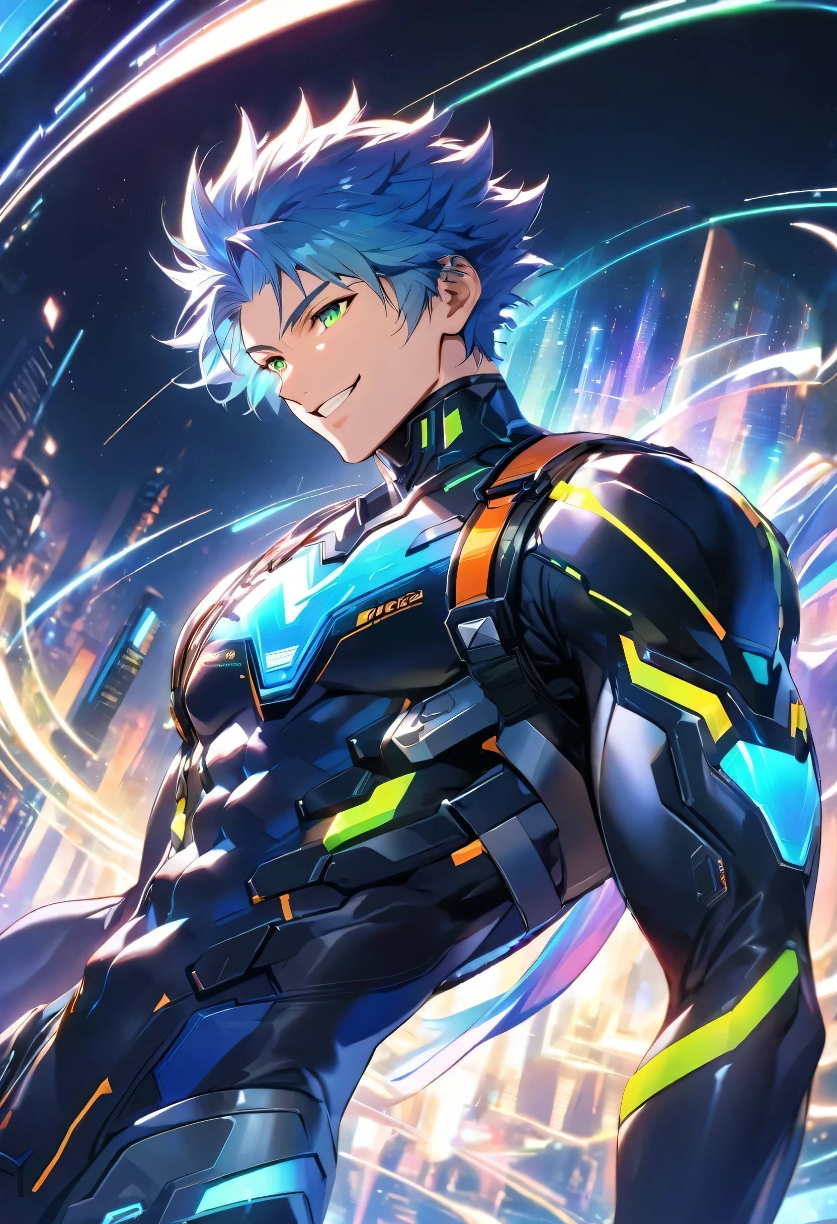 A friendly and charismatic male character in a futuristic black and blue cyber suit with glowing LED lines, short spiky blue hair, and sharp green eyes. He is tall, muscular, and has an energy backpack on his back. The character is smiling warmly and in a relaxed posture, exuding a welcoming and approachable aura. The background is a digital cityscape with floating holographic elements and light effects, representing a cybernetic world.