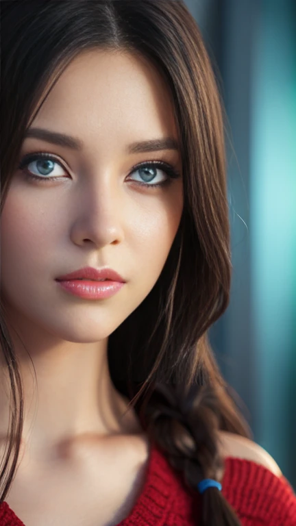 highest quality, 4K, High resolution, masterpiece:1.2, Very detailed, (Realistic, Realistic, Realistic:1.37), Vibrant, Red and blue eyes,Strong gaze,Seductive eye contact,Fiery red iris,Deep blue shining star,Shining Eyes,Bright colors,Portraiture,Fantasy art,Magic Red Light,Mysterious Beauty,Red color palette,Long black hair,sweater,Cowboy Shot,Off the shoulder