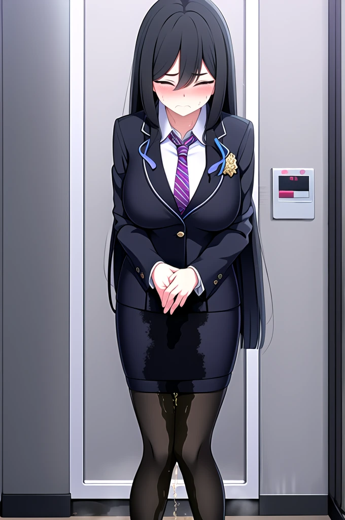 A woman with very long black hair, (very long hair:1.25) and (long bangs:1.5), wearing a business suit with a long pencil skirt and pantyhose, standing. The artwork is inspired by manga and incorporates a doujin style. The woman appears to be (wetting herself:1.5), which causes her to feel embarrassed and humiliated, resulting in a blush on her face. In addition, there is an air of anger in her expression. The lighting in the scene is moody, with a spotlight highlighting the woman's figure, Her arms are crossed (crossing arms:1.5), showcasing a very large pee stain that covers almost the entire front of her pencil skirt., large breasts, skinny