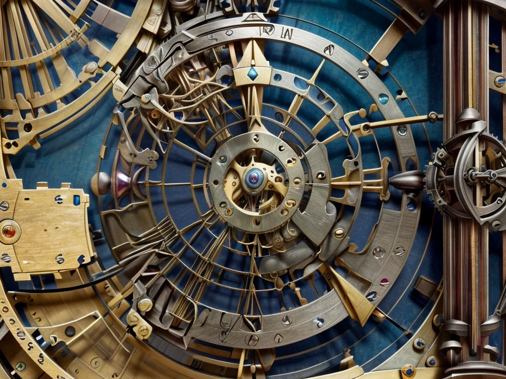 astronomical clock mechanism, celestial, solar system, extraordinary complex mechanics, ((plan large, interior view of the mechanism, multiples rouages complexes, engrenages complexes, very accurate, full details, ruby sapphire emerald color mix, mechanical calculator)), (((visible mechanism:1.8)))