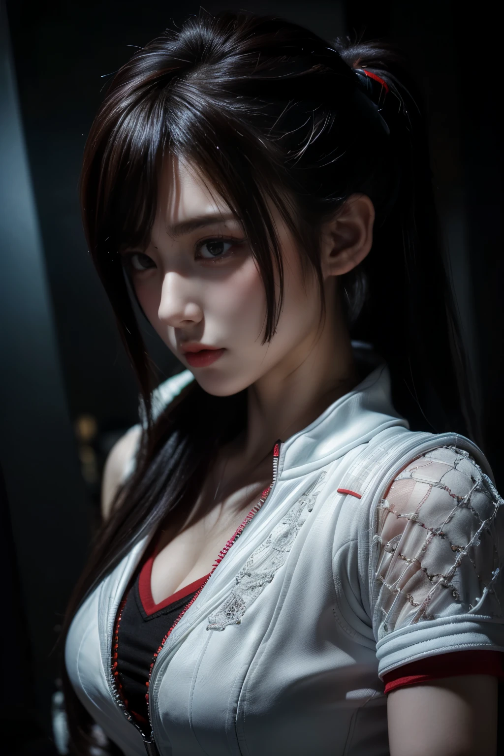 tmasterpiece,Best quality,A high resolution,8K,(Portrait photograph:1.5),(ROriginal photo),real photograph,digital photography,(Combination of cyberpunk and fantasy style),(Female soldier),20 year old girl,random hair style,By bangs,(Red eyeigchest, accessories,Redlip,(He frowned,Sneer),(Cyberpunk combined with fantasy style clothing,Openwork design,joint armor,police uniforms,White jacket,Red),exposing your navel,Photo pose,Realisticstyle,Thunder and lightning on rainy day,(Thunder magic),oc render reflection texture