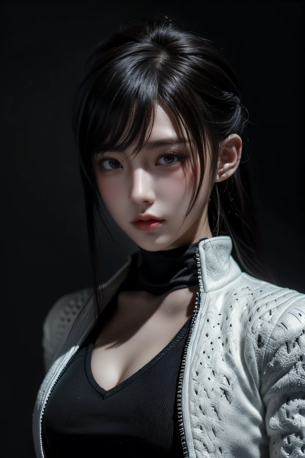 tmasterpiece,Best quality,A high resolution,8K,(Portrait photograph:1.5),(ROriginal photo),real photograph,digital photography,(Combination of cyberpunk and fantasy style),(Female soldier),20 year old girl,random hair style,By bangs,(Red eyeigchest, accessories,Redlip,(He frowned,Sneer),(Cyberpunk combined with fantasy style clothing,Openwork design,joint armor,police uniforms,White jacket,Red),exposing your navel,Photo pose,Realisticstyle,Thunder and lightning on rainy day,(Thunder magic),oc render reflection texture