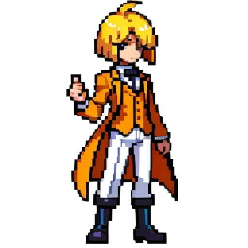 Pixel art, full body, facing left (important), alone, standing upright, long sleeve tuxedo with open front, boots. Hair color: Light medium blonde bob with parted bangs. He has several cards in his hand. Clothes: He wears an orange long-sleeved tuxedo with an open front and a yellow vest underneath. Trousers: white pants. Shoes: Yellow boots.