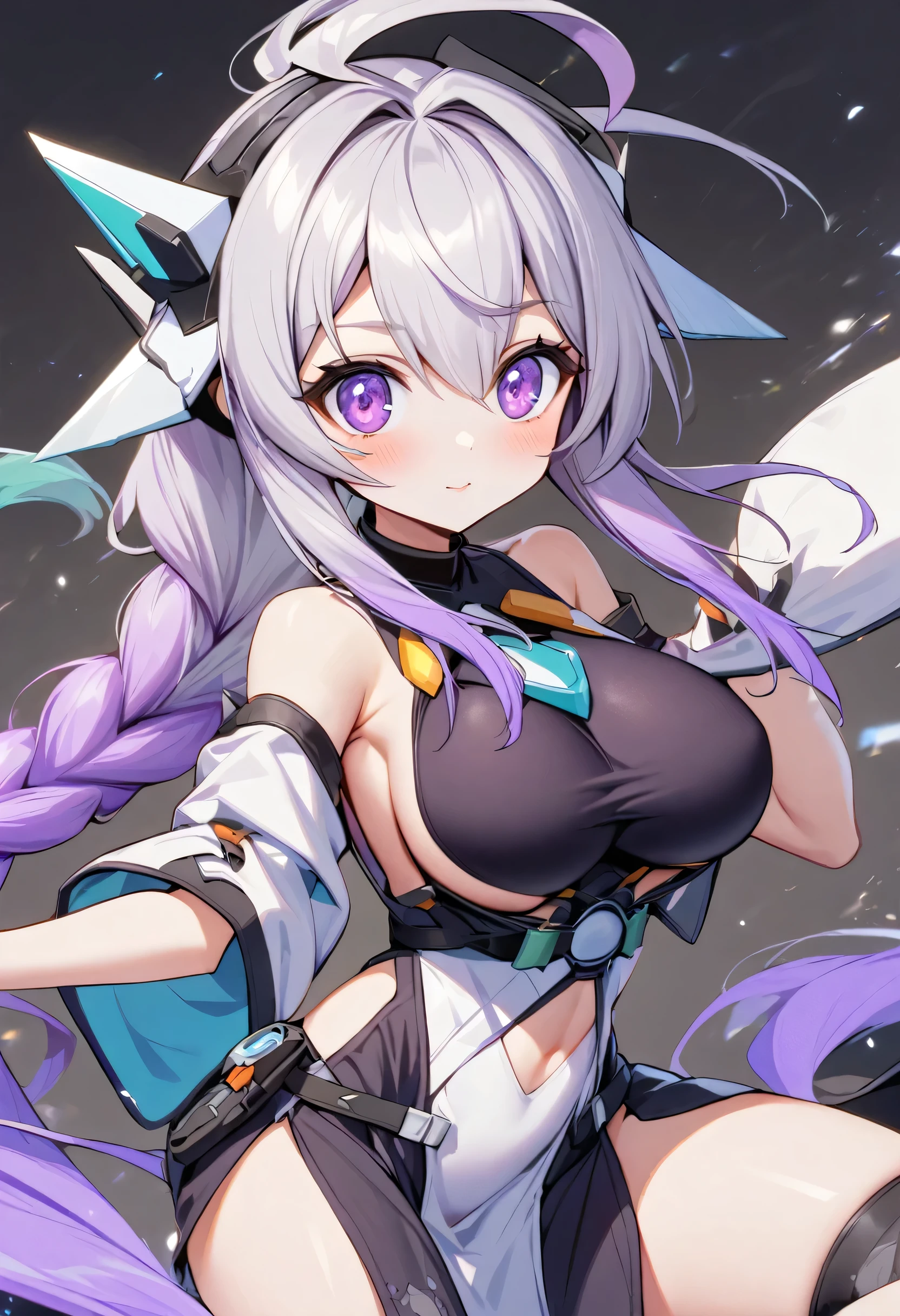 yinji,1girl,solo,purple_hair,purple_eyes,very_long_hair,grey_hair,braided_ponytail,large_breasts,gradient_hair,
