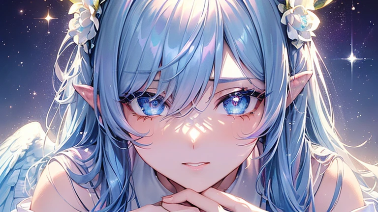 Soft Focus , (Bright gradient watercolor :1.5, Lens Flare:1.5 , Glitter :1.5), Glow , Dreamy , White background、Grid illusion, Colorful, girl、((extremely detailed eye:1.5)),((Face Zoom:1.5)),((Face Focus:1.5)),(((masterpiece、top-quality、top-quality、watercolor paiting)))(Curly)、Official art、Beautifully Aesthetic:1.2)、eye glass、(Hand and hand heart shape:1.5),(4girl:1.5)、(Fractal Art:1.3)、The upper part of the body、colourfull、((Ultra-detailed retina:1.5))、embarrassed from、(Midriff)、((Super Detail Eyes:1.5))、(rainbow-colored hair、colourful hair、Half blue and half light blue hair:1.5)、((the Extremely Detailed CG Unity 8K Wallpapers、masterpiece、top-quality))、((ultra-detailliert:1.2))、(The best lighting、Best Shadows、extremely delicate and beautiful)、(the Extremely Detailed CG Unity 8K Wallpapers、masterpiece、best qualtiy、ultra-detailliert)、(The best lighting、Best Shadows、extremely delicate and beautiful)、(the perfect body:1.5)、((High School Uniforms:1.5)),{{{{Dazzling brilliance}}}}、Rainbow Bridge、(masutepiece:1.2), Best Quality, (Illustration:1.2), (Ultra-detailed), hyperdetails, (delicate detailed), (Intricate details), (Cinematic Light, best quality backlight), solo women, Perfect body, (4girl), (Best Illumination, extremely delicate and beautiful), Cinematic Light、【emblem:Irridescent color 】、Blue sky with white angel wings proportional to body、Sunnyday