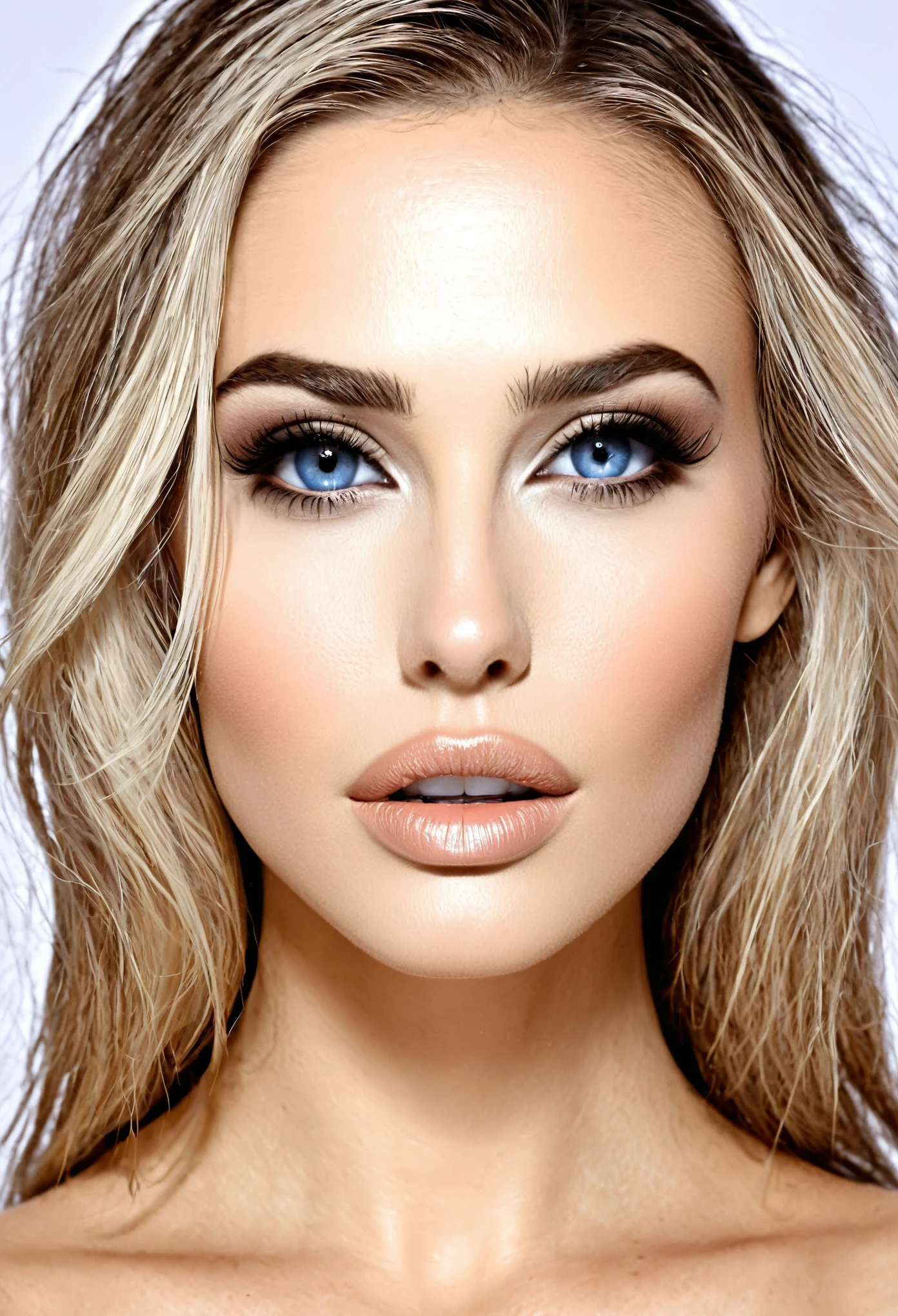 make a white woman, olhos azuis, cabelo loiro ruivo, thin lips, nariz empinado e pequeno, cabelo liso escorrido grande, bochechas para dentro, drawn jaw, predominant cheekbones, make her naked