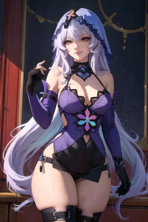 masterpiece, best quality, ultra detailed, dynamic angle, under view, watercolor and oil painting fusion, hot black artwork, white line art, beautiful woman, 1 woman, older woman, black swan, beauty, perfect anatomy, perfect eyes, perfect fingers, perfect hands, anime girl, black high gloves, thick black stockings, sexy dress, tight, thighs, purple hair, seductive smile, room background, soft, seductive, hot, spicy,