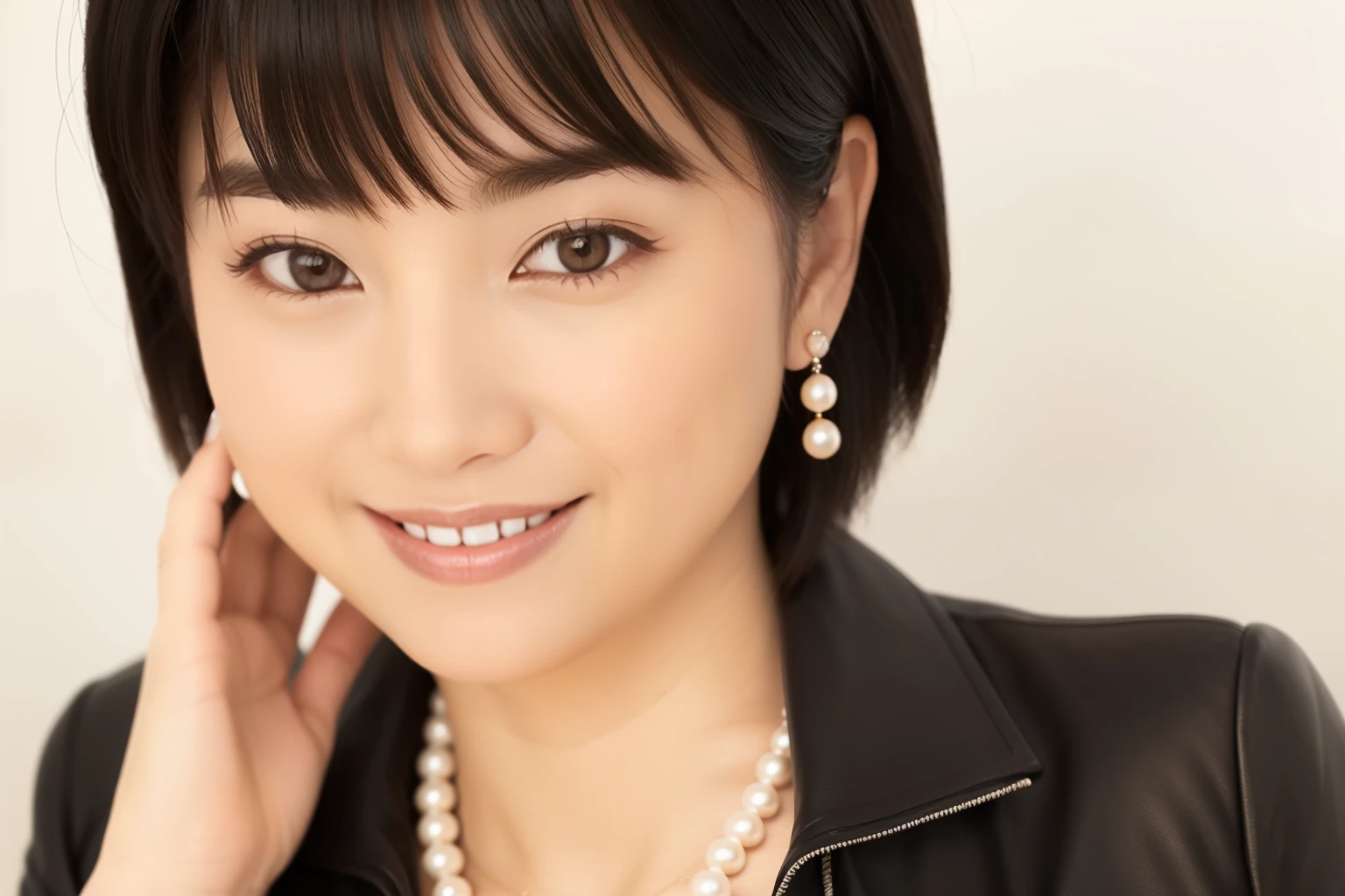 beautiful woman,1girl,3d,bangs,black hair,blurry,brown eyes,earrings,gradient,gradient background,grey background,jacket,jewelry,letterboxed,lips,long sleeves,looking at viewer,makeup,necklace,nose,open clothes,open mouth,pearl necklace,photo \(medium\),photorealistic,realistic,shirt,short hair,smile,solo,teeth,upper body,white shir