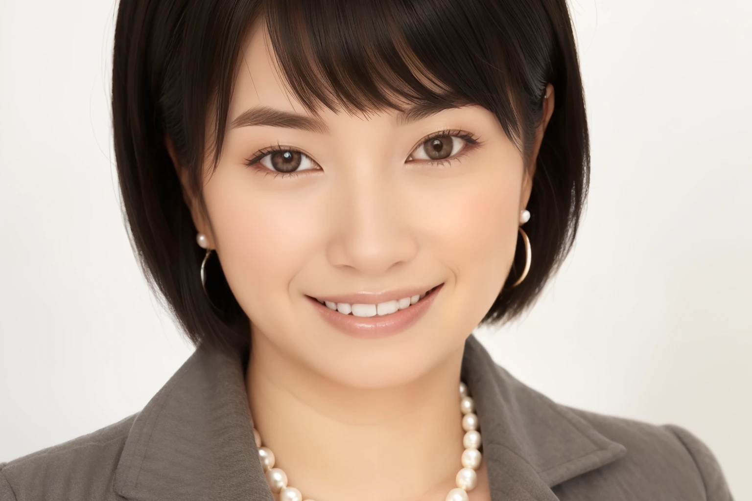 beautiful woman,1girl,3d,bangs,black hair,blurry,brown eyes,earrings,gradient,gradient background,grey background,jacket,jewelry,letterboxed,lips,long sleeves,looking at viewer,makeup,necklace,nose,open clothes,open mouth,pearl necklace,photo \(medium\),photorealistic,realistic,shirt,short hair,smile,solo,teeth,upper body,white shir