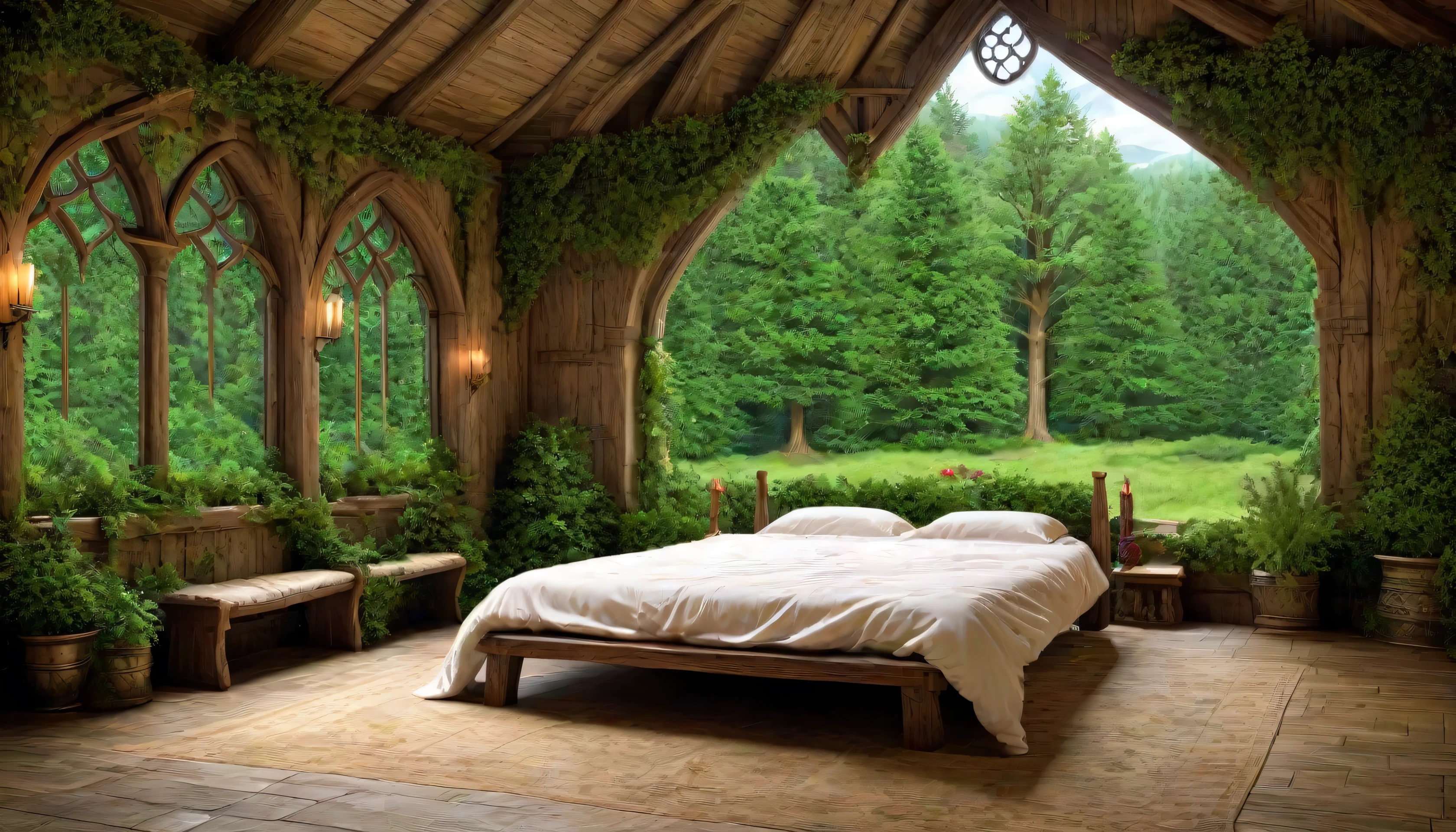 background, background only, interior, ((bedroom)), (bed), (celtic:0.3), (wooden wall: 0.8), (two point perspective:1.5), medieval, plants, (window: 0.2, looking into forest: 0.8), evergreen