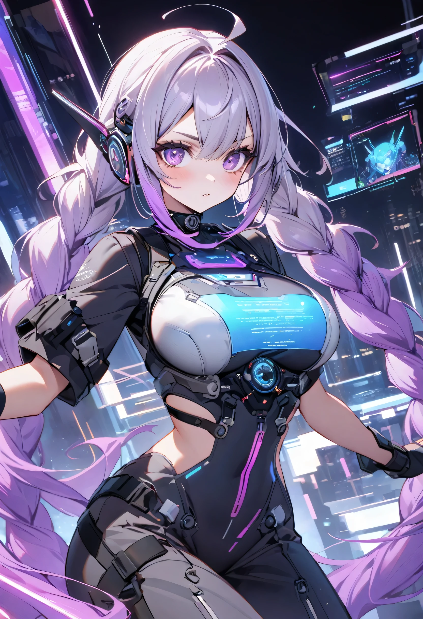 yinji,1girl,solo,purple_hair,purple_eyes,very_long_hair,grey_hair,braided_ponytail,large_breasts,gradient_hair,cool,Doll-like face,Perfect Face,cyber punk,Holography,BREAK,(Super long pigtails:Lilac color),BREAK,Cyberspace Background,Yinji suit:detailed,Purple, white and black color scheme,neon,Dance,Anatomically correct
