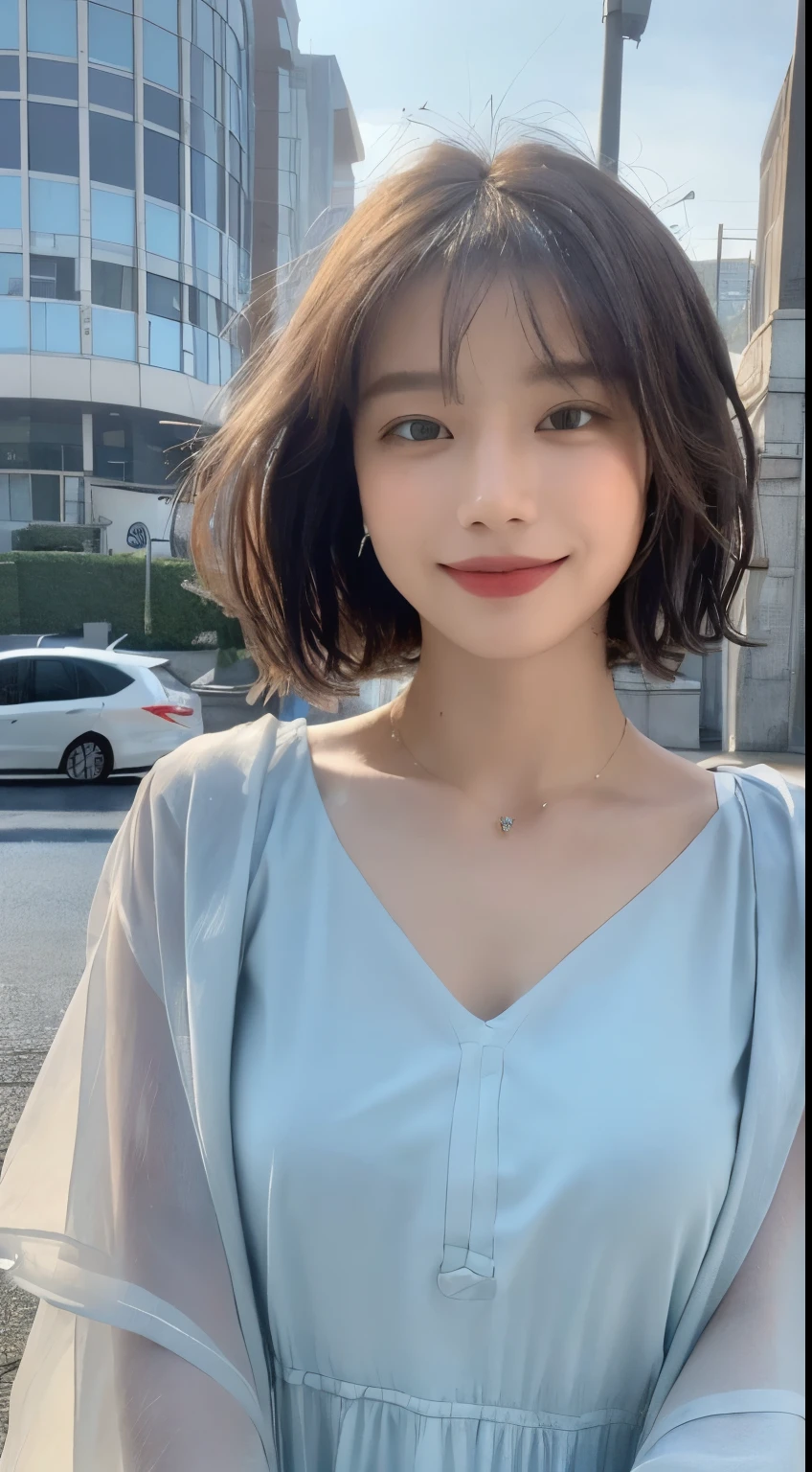 ((highest quality, 8k, masterpiece:1.3)), concentrated: 1.2, Perfect body beauty: 1.4, Hips: 1.2, ((Layered Haircut, chest: 1.2)), (Wet clothes: 1.1), (rain, street:1.3), Bandeau dress: 1.1, Highly detailed face and skin texture, Fine Eyes, double eyelid, Whitening skin, Long Hair, (shut up: 1.3), smile