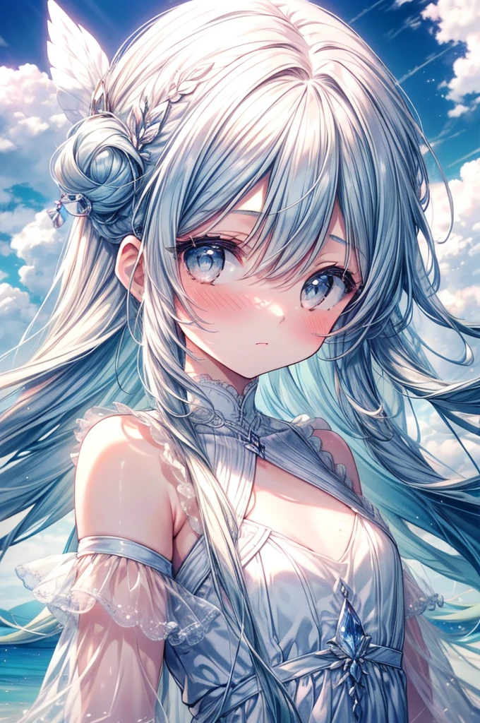 flat chest,masterpiece, best quality, extremely detailed, (illustration, official art:1.1), 1 girl ,(((( light blue long hair)))), light blue hair, , blunt bangs,, long hair ((blush)) , cute face, big eyes, masterpiece, best quality,(((((a very delicate and beautiful girl))))), small Girl,Amazing,beautiful detailed eyes,blunt bangs((((little delicate girl)))),tareme, a girl alone in the ocean, happynes, gorgeous sky, masterpiece, best quality, wallpaper, gorgeous, beautiful clouds, happy, ocean, cozy, colorful, amazing, artistic, expressive, emotions, white dress, impossible,