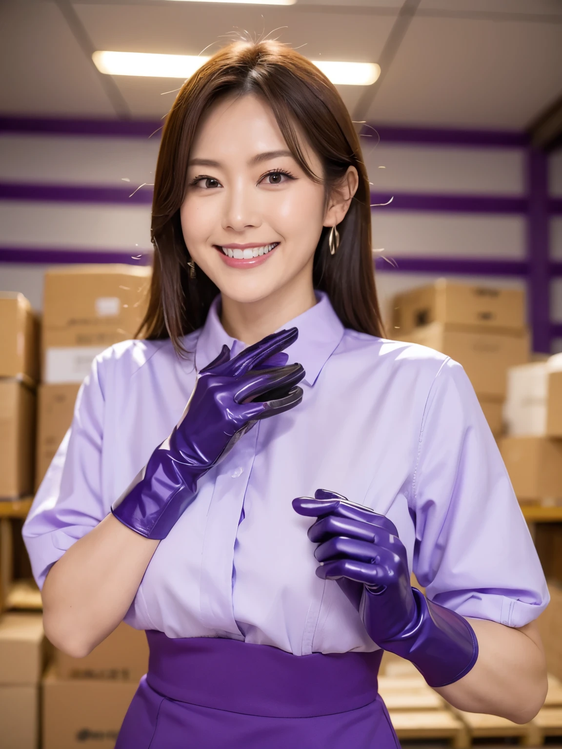 woman, 30th Generation, Japan,Wearing a work shirt,(smile:1.6),Tour the Warehouse,use,Rubber gloves、Purple Rubber glovess、Purple Rubber glovess、long Rubber glovess in purple color,,、Shiny purple gloves、(woman二人が写っている:1.2)