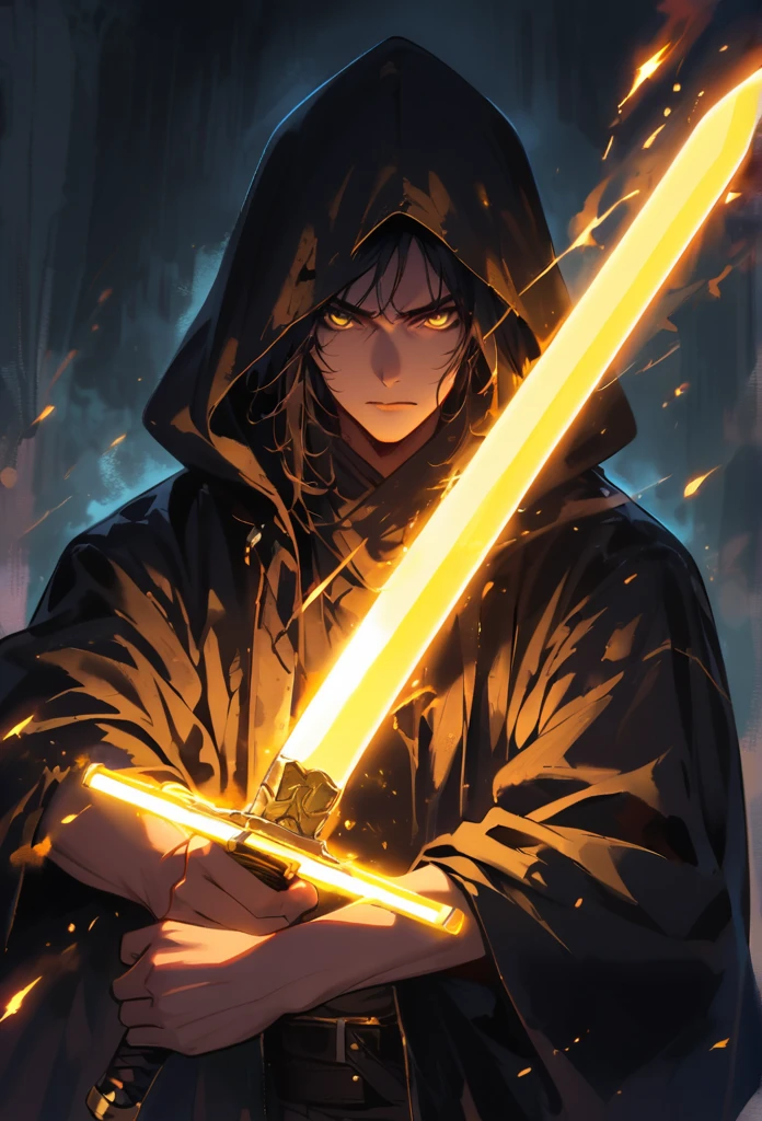 dark atmosphere,dark background,male swordsman in the dark,glowing yellow sword,lightsaber,Sword in both hands,night,dark,fear,sword focus,Glowing thunder in the air