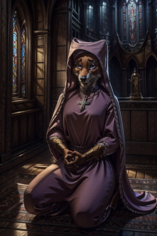 add_detail, masterpiece, best quality, detailed, soft dim lighting, depth of field, anthro, CARTOON_MaidMarian_ownwaifu, half lidded eyes, crying, kneeling, praying, black eyes, two-tone fur, orange fur, tail, barefoot, sad, black clothing, ((praying, clasped hands holding a golden cross necklace)), frills, cathedral, moonlight, black choker
Realistic fur body, realistic eyes, best quality, intricate detail, absurd res, sharp focus, add more details, castlevania style