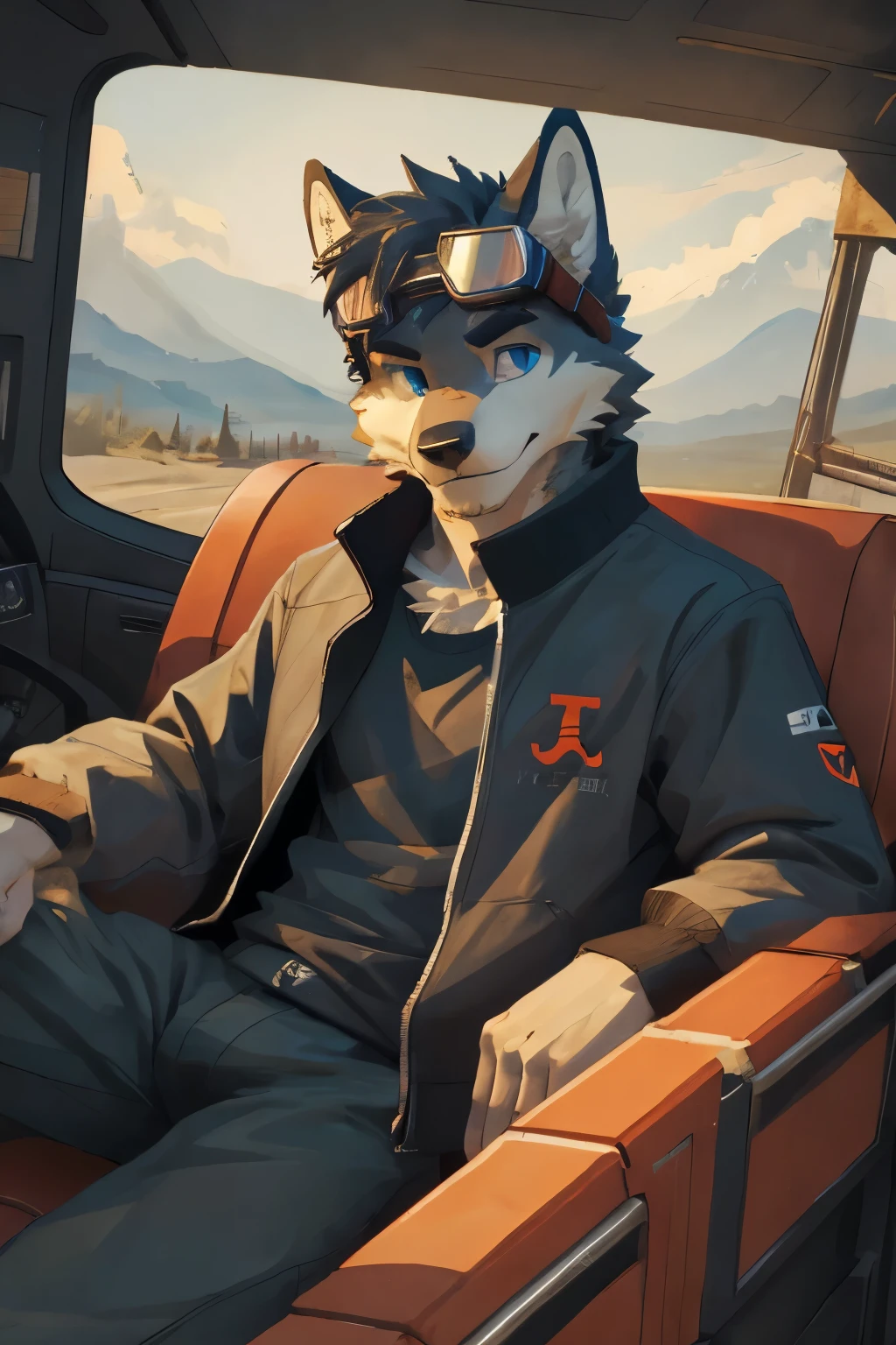 masterpiece, Solitary, Furry gray wolf, Gray fur, blue eyes, Gray medium-length hair, Medium muscular body, cool pose, charming, Handsome, nice, casual shirt, goggles, Warm, comfortable. Nice scenery，Wear a baseball jacket，Bright Eyes