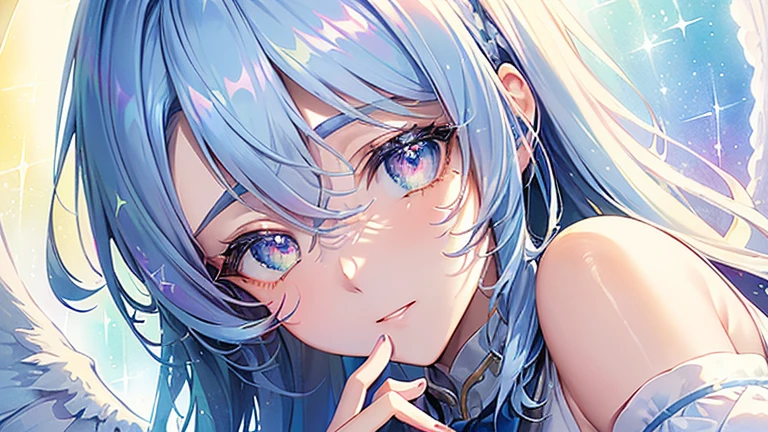 Soft Focus , (Bright gradient watercolor :1.5, Lens Flare:1.5 , Glitter :1.5), Glow , Dreamy , White background、Grid illusion, Colorful, girl、((extremely detailed eye:1.5)),((Face Zoom:1.5)),((Face Focus:1.5)),(((​masterpiece、top-quality、top-quality、watercolor paiting)))(Curly)、Official art、Beautifully Aesthetic:1.2)、eye glass、(Hand and hand heart shape:1.5),(4girl:1.5)、(Fractal Art:1.3)、The upper part of the body、colourfull、((Ultra-detailed retina:1.5))、embarrassed from、(Midriff)、((Super Detail Eyes:1.5))、(rainbow-colored hair、colourful hair、Half blue and half light blue hair:1.5)、((the Extremely Detailed CG Unity 8K Wallpapers、​masterpiece、top-quality))、((ultra-detailliert:1.2))、(The best lighting、Best Shadows、extremely delicate and beautiful)、(the Extremely Detailed CG Unity 8K Wallpapers、​masterpiece、best qualtiy、ultra-detailliert)、(The best lighting、Best Shadows、extremely delicate and beautiful)、(the perfect body:1.5)、((High School Uniforms:1.5)),{{{{Dazzling brilliance}}}}、Rainbow Bridge、(masutepiece:1.2), Best Quality, (Illustration:1.2), (Ultra-detailed), hyperdetails, (delicate detailed), (Intricate details), (Cinematic Light, best quality backlight), solo women, Perfect body, (4girl), (Best Illumination, extremely delicate and beautiful), Cinematic Light、【emblem:Irridescent color 】、Blue sky with white angel wings proportional to body、Sunnyday, fullbody,