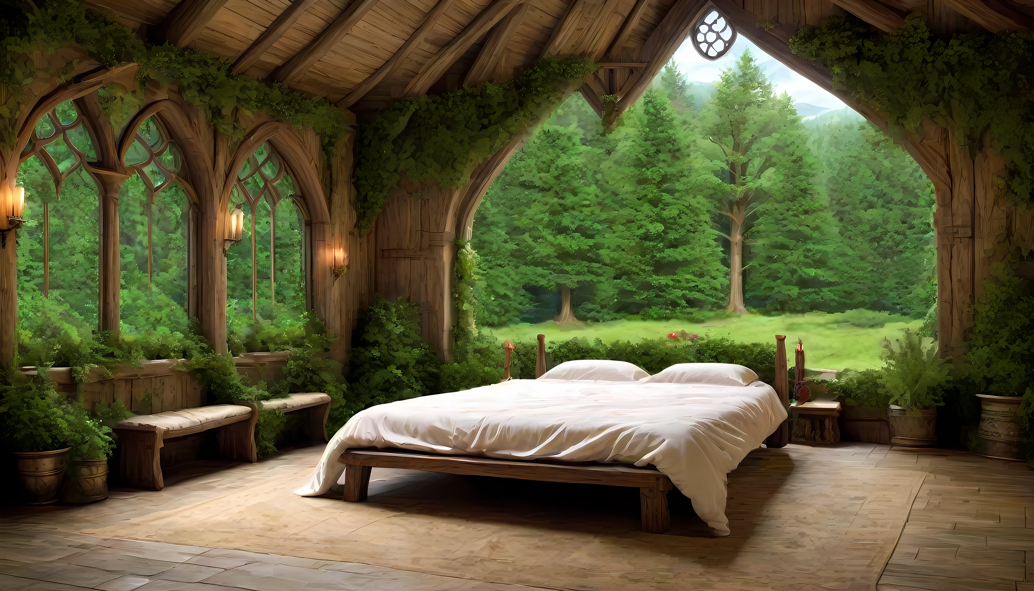 background, background only, interior, ((bedroom)), (bed), (celtic:0.3), (wooden wall: 0.8), (two point perspective:1.5), medieval, plants, (window: 0.2, looking into forest: 0.8), evergreen