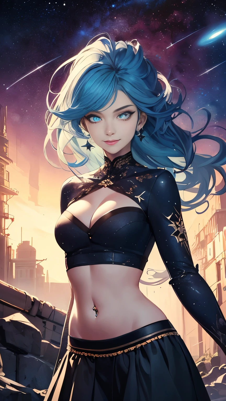 (Highly quality, masterpiece, detailed), Deep Space detailed scenario, Deep space detailed background, 20 years old girl, solo, smile, singularity, light blue skin, blue toned skin, dark blue hair, celestial skin, Colored Skin, glowing, glowing eyes, long hair, Star on the girls body, black top, sleeves, crop top, cleavage, black skirt, belly ring, Abdomen, Navel, beautiful eyes, perfect eyes, looking at the viewer, Sexy pose