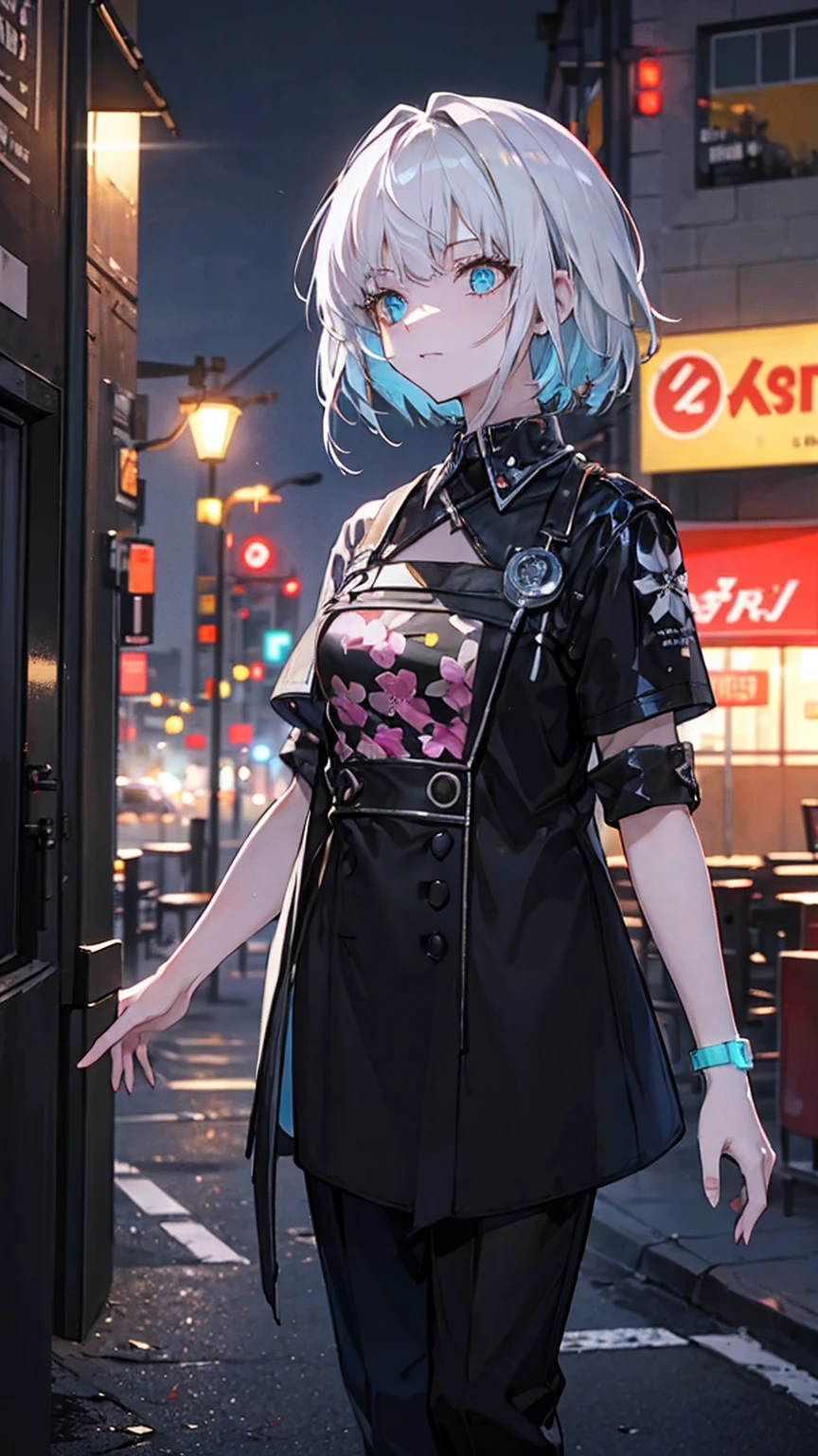 outdoor, Black, Wearing a black and red floral shirt, Wearing black dress pants, blue eyes, Glowing eyes, short hair, Gray skin, Club environment, night, Blue neon light, 8K, Unreal Engine, Very detailed, Reality,
