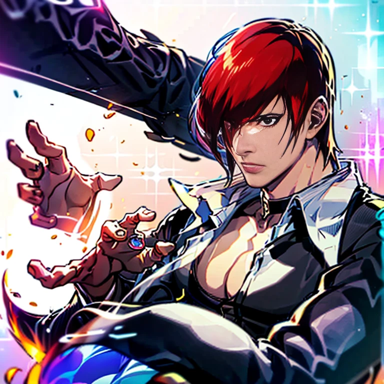 One hand is held like a cat、(Perfect details,masterpiece, Good details),(良い照明 Perfect details, Perfect eye details, Perfect anatomy details,(Iori Yagami, King of Fighters,), Iori Yagami, KOF,(original design：Yagami-an,),A perfect move with no mistakes, エラーのないPerfect details, Excellent anatomical details, Redhead,Sharp Eye