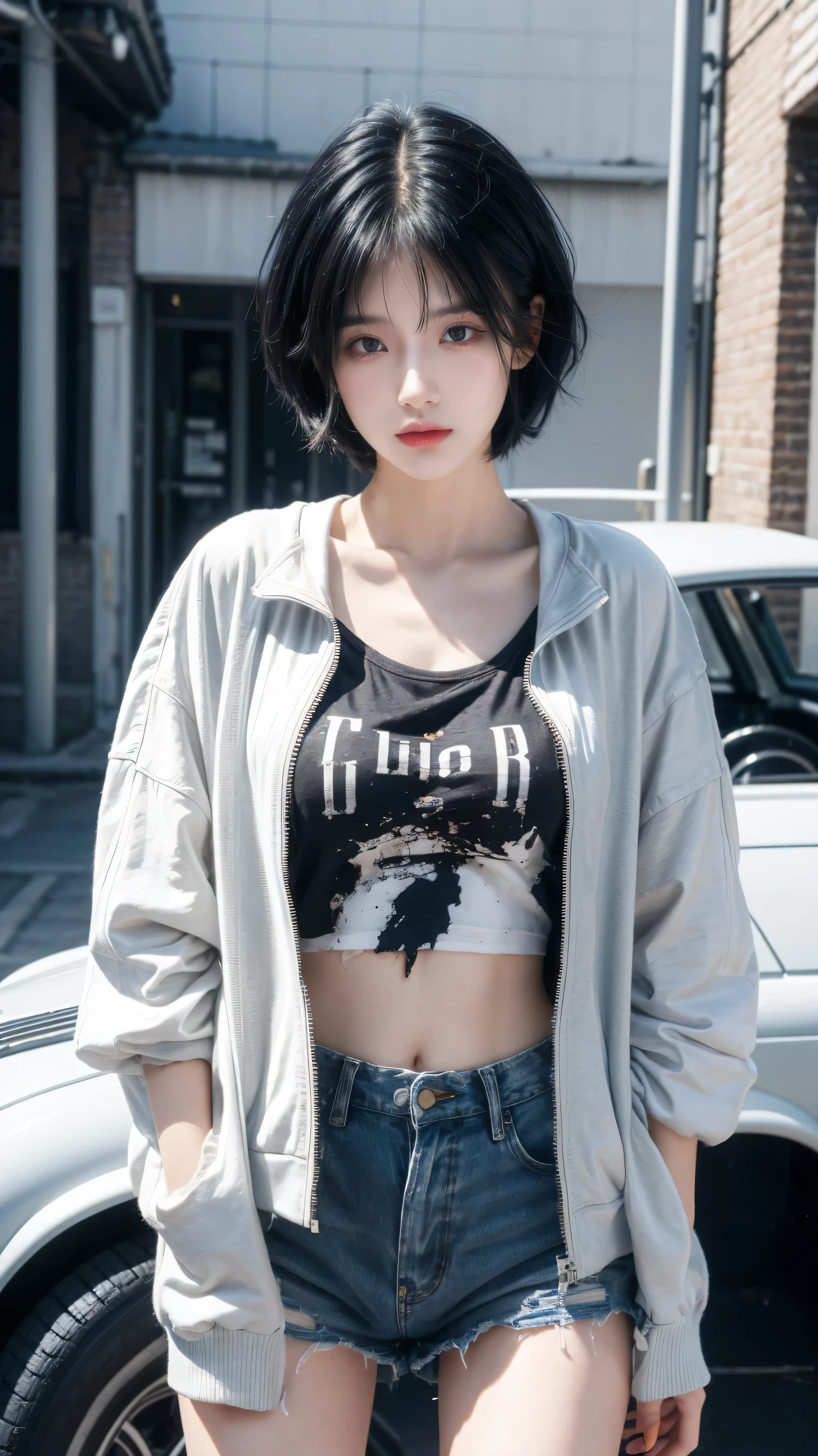 best quality, 1 Girl, dark blue hair, black eyes, Very short hair, Spiky hair, t-shirt, jacket white, High waist short white, 171 cm, Messy hair, Hair between the eyes, Medium breasts, full, Tomboy, aldult, 20 years old, 1 Girl near classic car