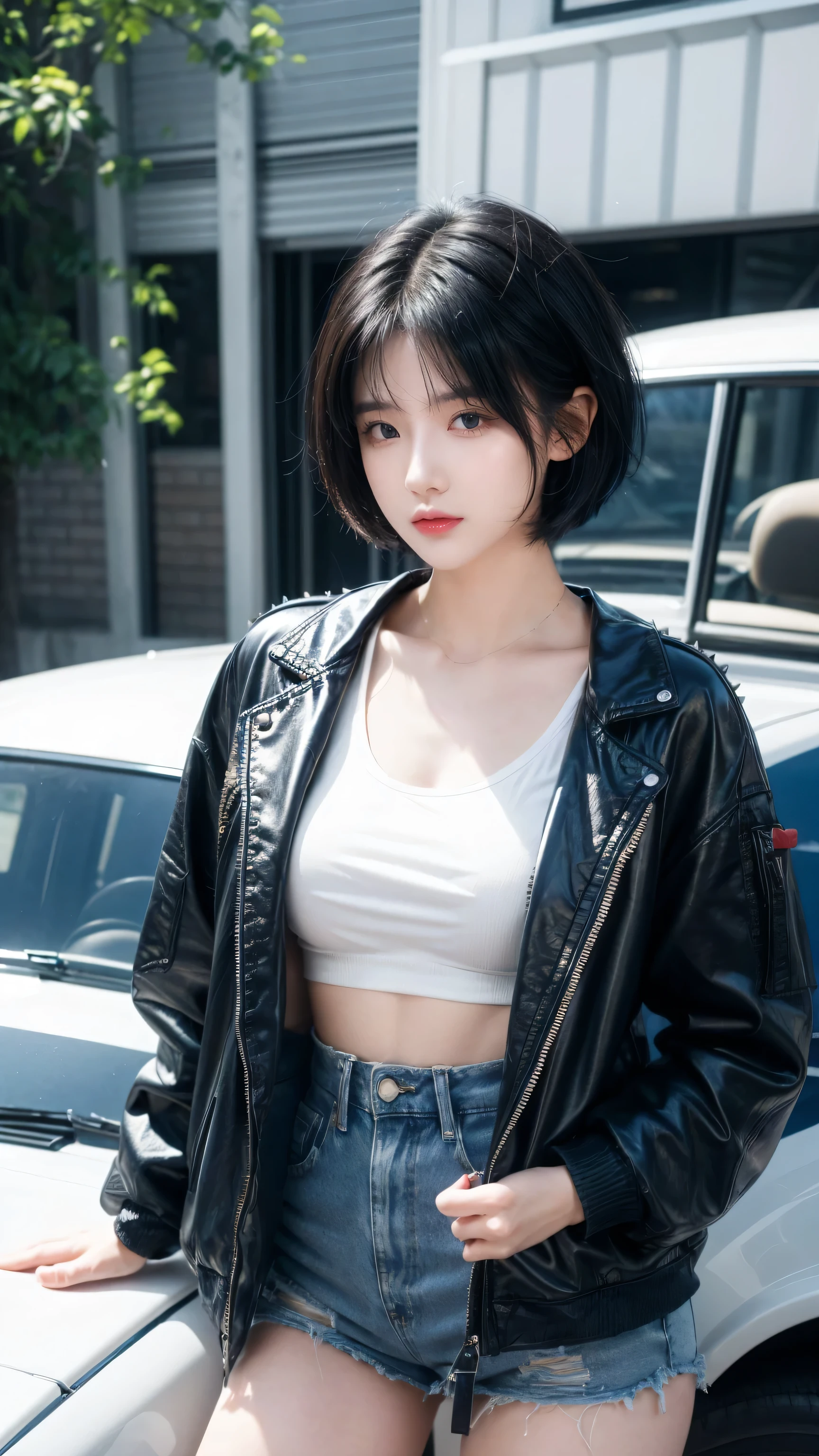 best quality, 1 Girl, dark blue hair, black eyes, Very short hair, Spiky hair, t-shirt, jacket white, High waist short white, 171 cm, Messy hair, Hair between the eyes, Medium breasts, full, Tomboy, aldult, 20 years old, 1 Girl near classic car