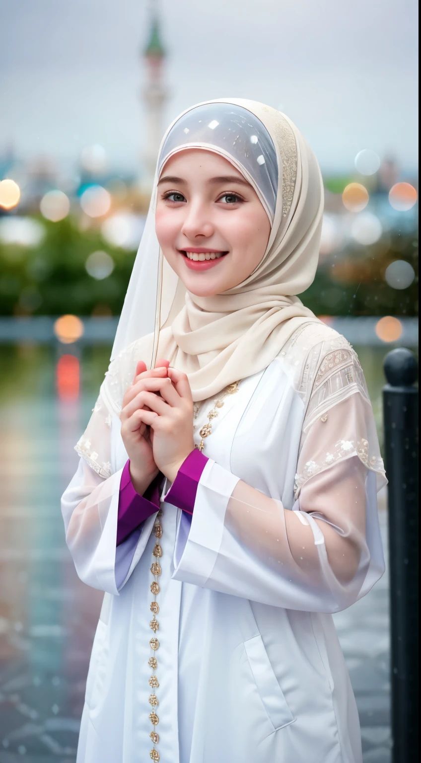 1 Girl, Beautiful, Russian Baby Face, 20 Years Old, White Skin, Colourful Hijab very wet Muslim thin Outfit, wet because rain, Top of rain outside The Mosque Background, Wind, Laughing, small Breast, ((bokeh:1.4))