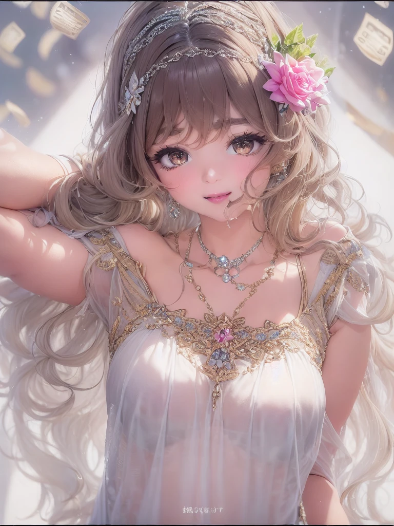 50 year old mature woman, Looking at the audience, Attractive breasts,Sensual curves、bubble、Full Body Shot,Nightgown, Charming smile, Thick lips, plump唇, blush, Looking at the audience, Provocative expression, Beautiful Hairstyles, Cleavage, plump、Curvy Hips、Attractive face、Mischievous face、Sexy Lingerie、An inviting gaze、Expressing emotions、colored feather, Money属装飾品, particle, Light, (masterpiece, highest quality, highest quality, Official Art, beautifully、aesthetic:1.2), (1 girl:1.3), Very detailed,(Fractal Art:1.1),(colorful:1.1)(flowerズ:1.3),Most detailed, (Dynamic pose), (Shiny skin), (Many colors :1.4), ,(Earrings:1.4), (feather:1.4),masterpiece, 30~40 years, Mr.々Hair style,Moneyのヘッドバンド,Tulle covers the chest,Perfect balance, Detailed details of the garment,marble,cinematicLighting, Film Grain, contrast of Light and dark,High detail,(((Gorgeous Accessories))))、Openwork decoration,(((See-through dress)))、(((Anatomically correct body))) ,1 girl, (High resolution), (8k), (Very detailed), Perfect Face, Beautiful eyes and face, (((highest quality))), (Very detailed), Detailed face and eyes, Beautiful Eyes,(((Sexy pose,Beautiful Eyes、Transparent double eyelids、(((Super gorgeous background)))、Bright Eyes,Money,diamond,gem,Body Chain,Luxury Accessories,beautifully、aesthetic,flower、(((Super gorgeous background)))、Bright Eyes