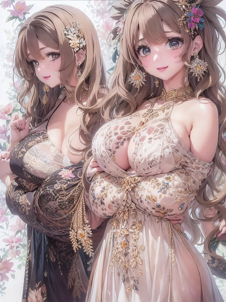 50 year old mature woman, Looking at the audience, Attractive breasts,Sensual curves、bubble、Full Body Shot,Nightgown, Charming smile, Thick lips, plump唇, blush, Looking at the audience, Provocative expression, Beautiful Hairstyles, Cleavage, plump、Curvy Hips、Attractive face、Mischievous face、Sexy Lingerie、An inviting gaze、Expressing emotions、colored feather, Money属装飾品, particle, Light, (masterpiece, highest quality, highest quality, Official Art, beautifully、aesthetic:1.2), (1 girl:1.3), Very detailed,(Fractal Art:1.1),(colorful:1.1)(flowerズ:1.3),Most detailed, (Dynamic pose), (Shiny skin), (Many colors :1.4), ,(Earrings:1.4), (feather:1.4),masterpiece, 30~40 years, Mr.々Hair style,Moneyのヘッドバンド,Tulle covers the chest,Perfect balance, Detailed details of the garment,marble,cinematicLighting, Film Grain, contrast of Light and dark,High detail,(((Gorgeous Accessories))))、Openwork decoration,(((See-through dress)))、(((Anatomically correct body))) ,1 girl, (High resolution), (8k), (Very detailed), Perfect Face, Beautiful eyes and face, (((highest quality))), (Very detailed), Detailed face and eyes, Beautiful Eyes,(((Sexy pose,Beautiful Eyes、Transparent double eyelids、(((Super gorgeous background)))、Bright Eyes,Money,diamond,gem,Body Chain,Luxury Accessories,beautifully、aesthetic,flower、(((Super gorgeous background)))、Bright Eyes