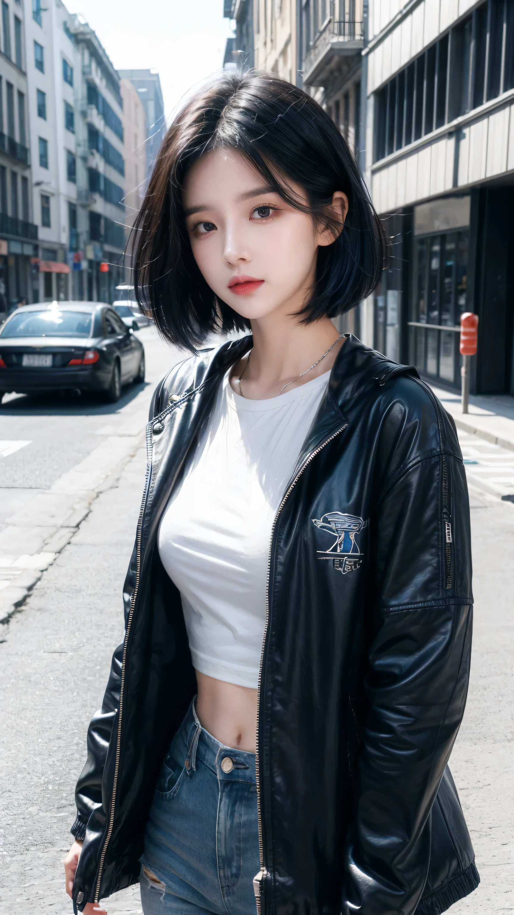 best quality, 1 Girl, dark blue hair, black eyes, Very short hair, Spiky hair, t-shirt, jacket white, High waist short white, 171 cm, Messy hair, Hair between the eyes, Medium breasts, full, Tomboy, aldult, 20 years old, 1 Girl near classic car
