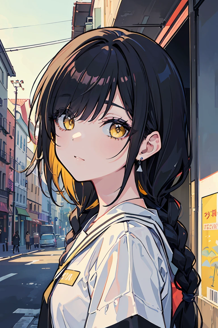 (1 girl), (Hair on one eye),Low exposure, Punk Fashion,(super high quality), masterpiece, cute, Casual Scene, Relaxed atmosphere, She is wearing fashionable clothes, beautiful表情 , Warm sunshine, Street atmosphere, urban environment. Perfect body,Fresh, (Asymmetrical bangs:1.3), Braided hair, Highly detailed face and eyes, (Black Hair, Deep gradation yellow eyes:1.2),(Shining highlight eye), Digital Art, beautiful, Cinema Lighting, by Yusuke Murata.tonality, Romanticism, modern art, Impressionism, reflected light, 8k, masterpiece, Advanced Details, highest quality