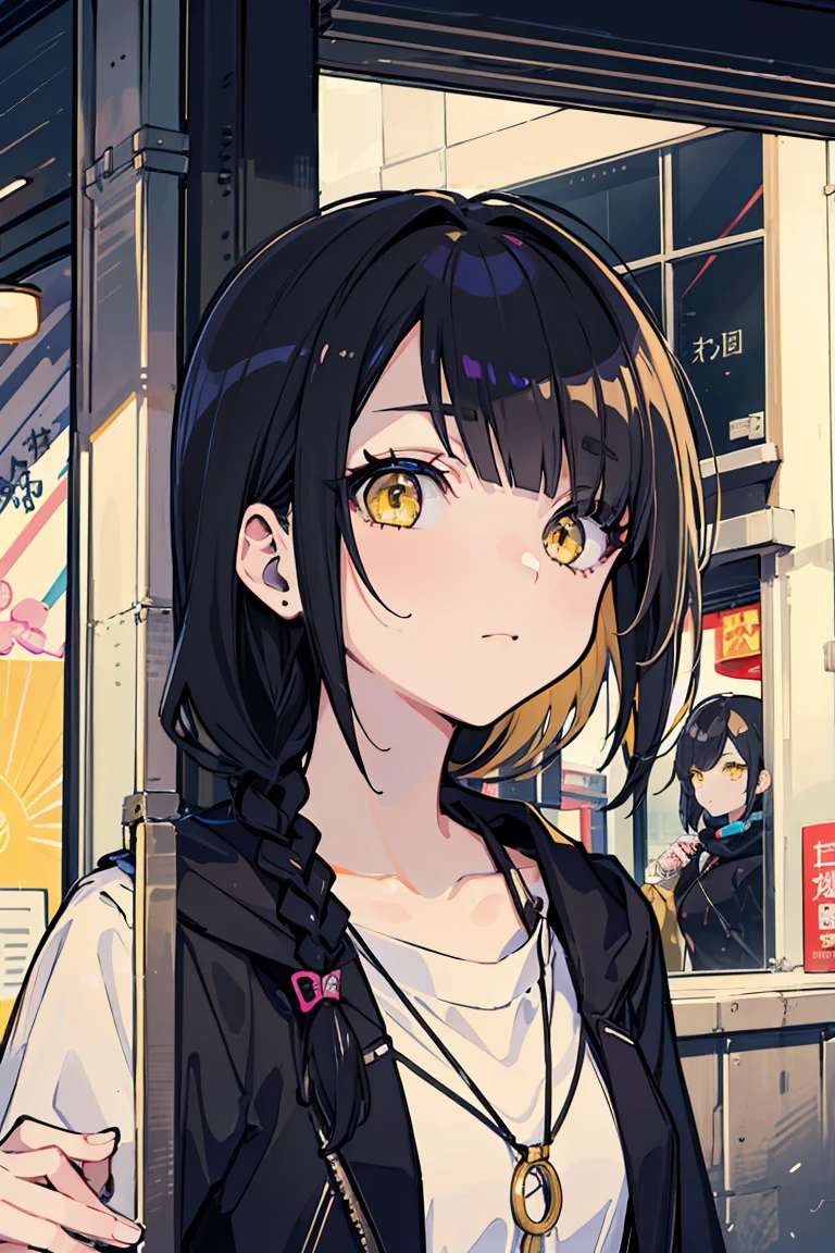 (1 girl), (Hair on one eye),Low exposure, Punk Fashion,(super high quality), masterpiece, cute, Casual Scene, Relaxed atmosphere, She is wearing fashionable clothes, beautiful表情 , Warm sunshine, Street atmosphere, urban environment. Perfect body,Fresh, (Asymmetrical bangs:1.3), Braided hair, Highly detailed face and eyes, (Black Hair, Deep gradation yellow eyes:1.2),(Shining highlight eye), Digital Art, beautiful, Cinema Lighting, by Yusuke Murata.tonality, Romanticism, modern art, Impressionism, reflected light, 8k, masterpiece, Advanced Details, highest quality