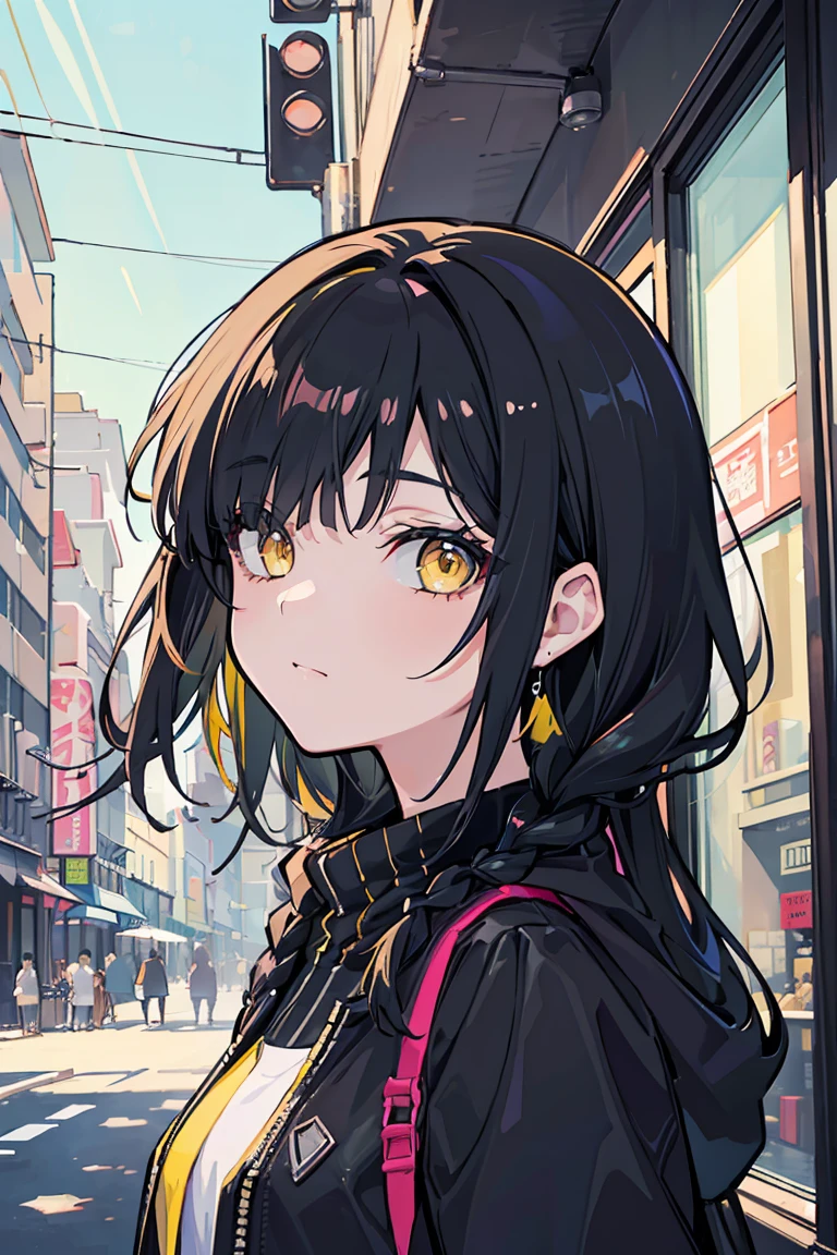 (1 girl), (Hair on one eye),Low exposure, Punk Fashion,(super high quality), masterpiece, cute, Casual Scene, Relaxed atmosphere, She is wearing fashionable clothes, beautiful表情 , Warm sunshine, Street atmosphere, urban environment. Perfect body,Fresh, (Asymmetrical bangs:1.3), Braided hair, Highly detailed face and eyes, (Black Hair, Deep gradation yellow eyes:1.2),(Shining highlight eye), Digital Art, beautiful, Cinema Lighting, by Yusuke Murata.tonality, Romanticism, modern art, Impressionism, reflected light, 8k, masterpiece, Advanced Details, highest quality