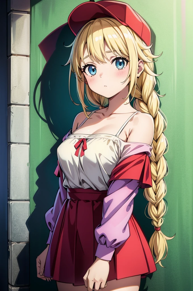 super fine illustration,vibrant colors, masterpiece, sharp focus, best quality, depth of field, cinematic lighting,ultra detailed,masterpiece, best quality, ultra-detailed, illustration, beautiful detailed eyes, 1girl, detailed scenery, 21 years old, yellow twin long braid hair, leaning on a wall, red camisole shirt, visiblebra, sleeveless, off shoulder, miniskirt, shy, blush, Eiko Tsukimi, blue eyes, braid, twin braid,(((blonde hair))),baseball cap,